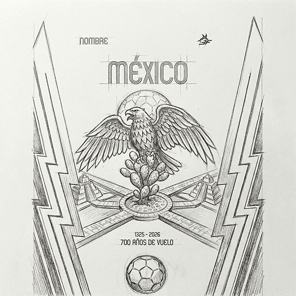 PHMNU_700_años_de_Vuelo_Boceto_Frente Playera mundial Futbol México. 700 años de vuelo