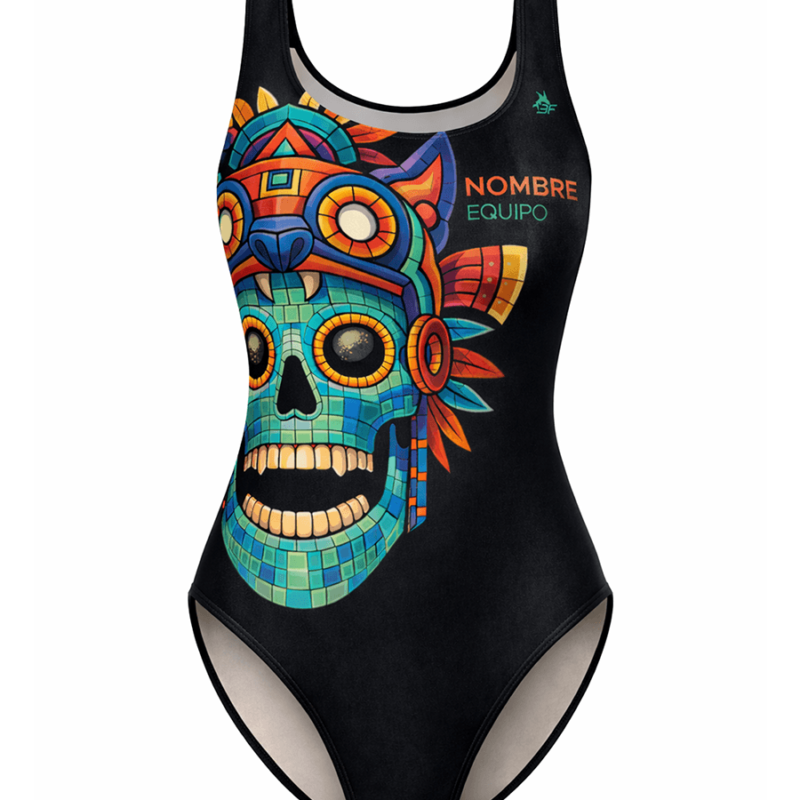 Traje de baño clásico de mujer. Diseño máscara de jade